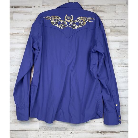 Ace of Diamond Shirt Mens XXL Blue Gold Pearl Snap Rockabilly Horseshoes USA - Picture 3 of 8